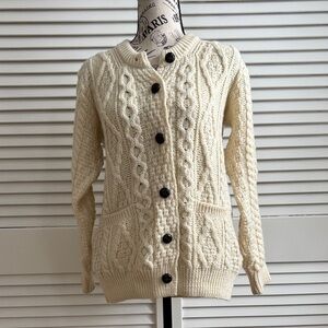 Aran Cardigan Cable Knit Sweater Pockets L